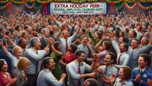 An incredibly detailed and realistic high definition image showing the celebration of federal employees. These people of diverse job ranks are exhibiting pure joy as they revel in their unexpected holiday perk. Some employees are high-fiving each other, some are chatting excitedly, and a few are in the middle of a joyous dance. There are festive decorations and confetti, giving a genuine celebration atmosphere. Remember, title: 'Extra Holiday Perk - Federal Employees Celebrate Early! Don't Miss Out!' as the prominent text on the top of the image.