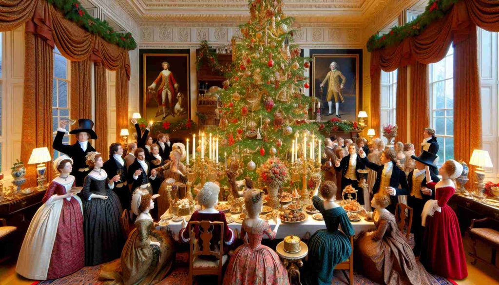 A high-definition, realistic scene of a formal gathering during Yuletide. The scene is awash with festive decorations, including a grand, richly ornamented Christmas tree, tables laden with an array of seasonal dishes, and a room tastefully adorned with festive decor. A group of well-dressed individuals are engaging in jubilant conversation, embodying the spirit of the occasion. The attire is of noble style, yet the specific individuals remain anonymous.