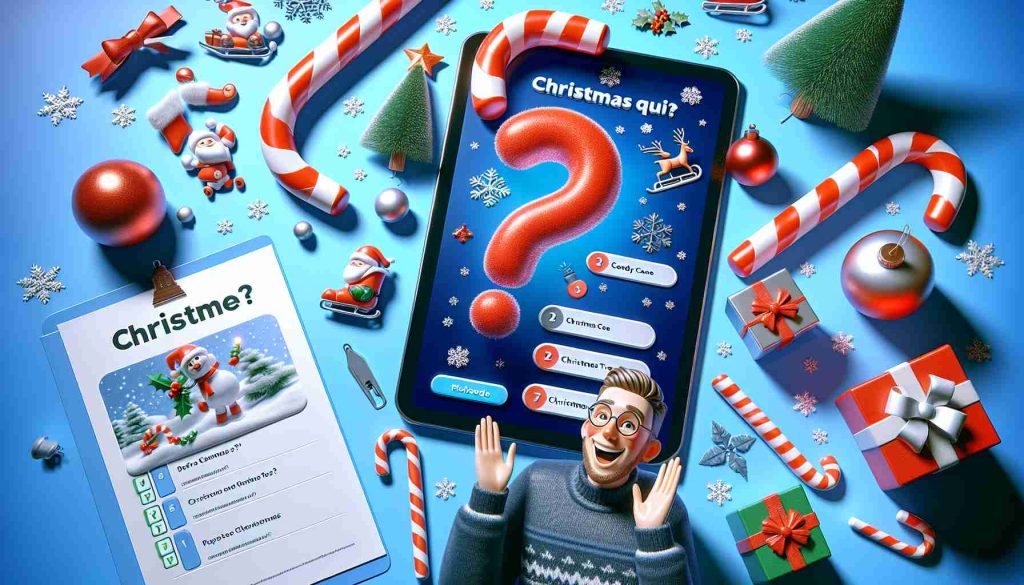 High-definition, realistic image portraying a scenario suggestive of a fun Christmas challenge. The scene includes elements like a question mark, representation of a festive quiz with Christmas themed questions such as candy canes, Christmas trees, and Santa’s sleigh, and expression of enthusiasm and participation. Do not include any text in the image.