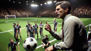 High-definition realistic representation of an exemplary football coach, typical in the world of sports, calling for concentration from his team during a significant football match. This scene depicts the intense moment where the team is hoping to regain their footing after a series of unfavorable events.