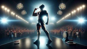 A realistic HD image depicting a scene at a thrilling darts game. A player, whose physique resembles that of a professional athlete, stands in the spotlight. Their pose suggests a moment of triumphant victory, indicating a dominating performance. The atmosphere should convey the excitement of a big game, with darts gear around and a glow that hints at the player's star power. The crowd in the background cheers, their faces filled with admiration for the impressive skill displayed.