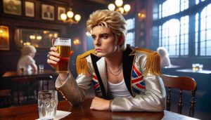 Create a realistic high-definition image depicting a scenario where a British pop star is holding a glass of beer and contemplating its significance. The pop star should be androgynous with blonde hair and eye-catching stage costume. The setting could be a typical British pub with dim, ambient lighting. Convey the popstar's deep thought with a curious expression. The image should include a label that reads: 'Is This Beer More Than Just a Drink?' to capture the essence of their thoughts.