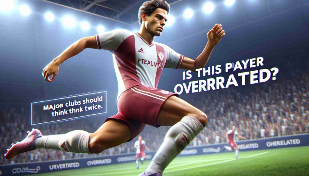 A realistic HD image of a generic male soccer player in action on the field. He has a questionable talent with the text over the picture, 'Is this player overrated? Major clubs should think twice.'