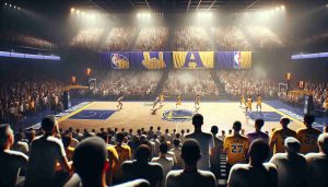 A realistic, high-definition scene from a basketball match. One key player from the Los Angeles-based team is absent, facing off against the Miami-based team. The atmosphere is tense, the audience is in the edge of their seats as everyone wonders: Can the LA team turn things around? Painted banners showing support for the LA team can be seen in the crowd.