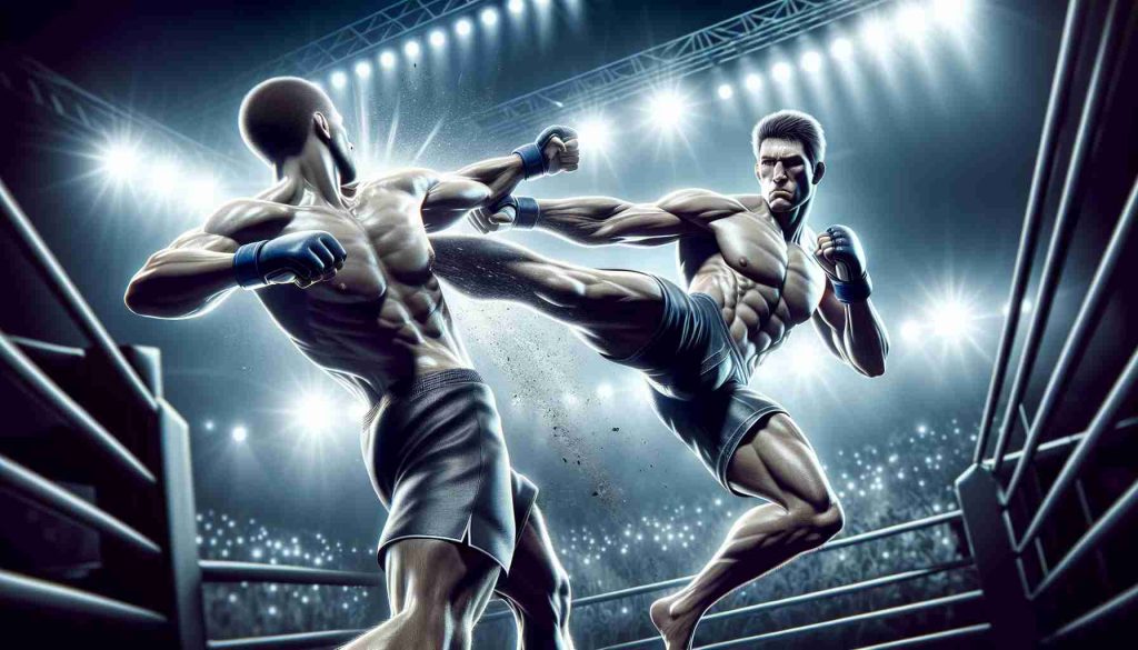 A realistic HD illustration of a tall, athletic male figure hitting the last-second knockout in a dramatic mixed martial arts match. The man possesses a lean build and large span. He is in mid-action, having just launched a final, powerful strike against his opponent. The background is filled with the dazzling lights and roaring crowd of the fight arena.