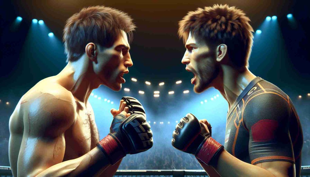 A realistic high-definition representation of intense rivalry in the world of professional mixed martial arts. Two unnamed competitors are exchanging fierce words over someone's departure from an unnamed international fight organization. The atmosphere is imbued with tension and competitive spirit.