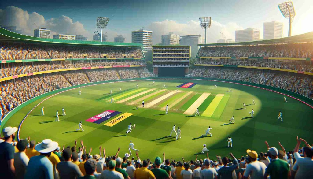 A realistic and high-definition photograph of a bustling cricket stadium during an exciting day two of a match. The pitch is lively, populated with players engaged in their roles with utmost dedication. Spectators in the stands, sticking to a palette of varying shades of green, are passionately cheering for their teams. There are bustling vendors selling refreshments, and a bright, clear sky overhead. Highlight the defining moments like a bowler delivering a perfect yorker, or a batsman hitting a spectacular six. Make sure to capture the thrilling atmosphere of the game.