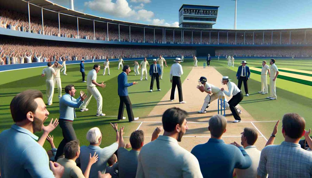 A realistic high-definition image capturing a moment of controversy in a cricket match. The scene involves a questionable decision made by the umpire, which has triggered heated debates amongst spectators and players alike. The atmosphere is tense, with surprised expressions and animated discussions taking place on the field, the dugouts, and among the audience in the stadium stands.