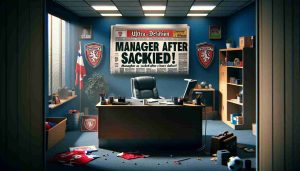 An ultra-high definition image represents a moment of turmoil for the Woking FC, a soccer team. The core focus is on the now-empty office of the former manager, indicating a sudden decision after a bad performance. Displaying an atmosphere of shock, the backdrop is empty but for some remaining personal items, graphically hinting at the manager’s unanticipated exit. A secondary focus is the headline in a fictional newspaper on the desk, declaring in bold letters: 'Manager Sacked After Heavy Defeat!' And finally, a tasteful balance with the team's colors and emblem subtly incorporated in the image.