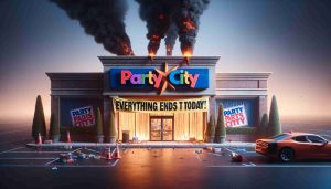 Create a high-resolution, realistic image of a store with a 'Party City' sign, showing it closing down after serving the community for nearly 40 years. The scene should convey a sense of drama and finality, with a banner saying 'Everything Ends Today!' across the store front.