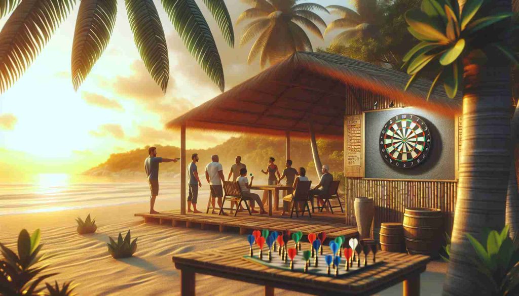 Generate a realistic HD image showcasing an environment dedicated to darts enthusiasts. Focus on a tropical retreat setting with features like a dartboard hanging from a palm tree and darts scattered on a bamboo darts table. Include persons of diverse descents and genders engaged in a casual game of darts. The backdrop should be a serene beach with the setting sun casting warm, golden hues across the landscape.