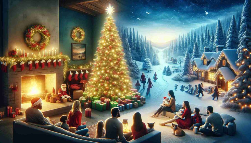 Create a high-definition, realistic image that embodies the true meaning of Christmas. The scene should include symbolic elements such as a brightly lit Christmas tree with presents underneath, a family of diverse descent and varied genders spending quality time together. Also, show elements of tranquility and peace, like a snow-covered landscape and a warm fireplace, contrasting the usual Christmas rush and commercialization.