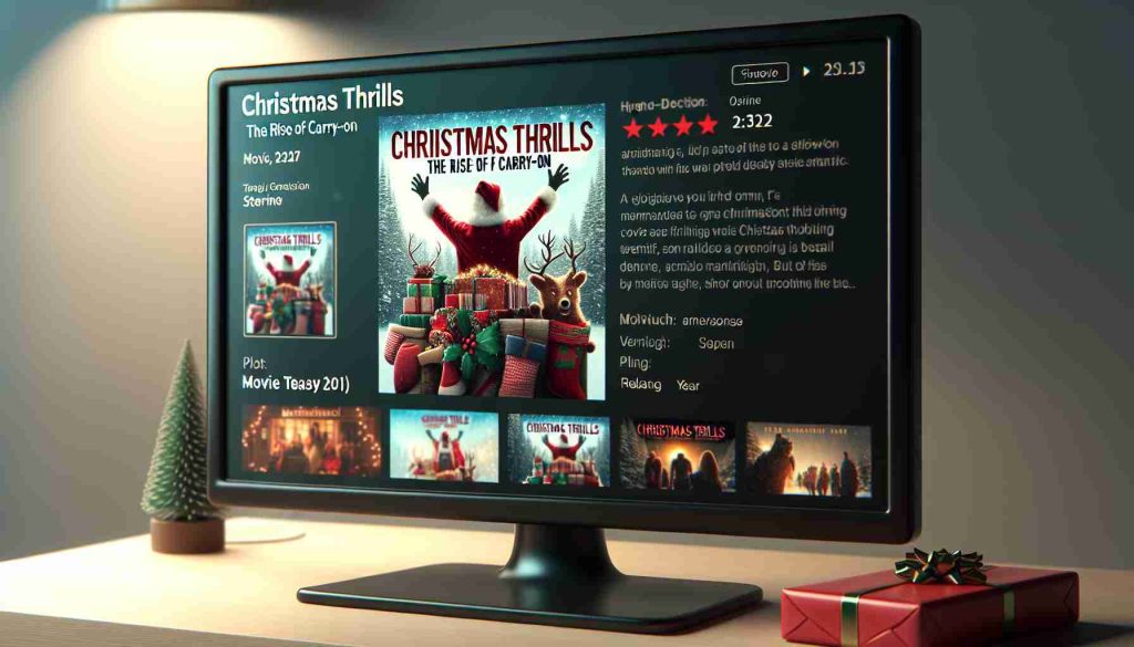 Create a high-definition, realistic image of a fictional holiday-themed film titled 'Christmas Thrills: The Rise of Carry-On' as it would appear on a non-specific streaming platform. The display should include a movie cover, a brief plot teaser, and some basic information like movie length and release year. The movie cover should convey a festive and thrilling atmosphere.