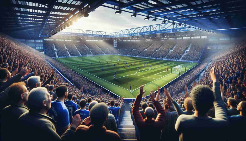 A highly detailed scene from a Premier League game experience in Portsmouth. The atmosphere is electric with a packed audience. Fans are cheering enthusiastically in anticipation of a new chapter that awaits. The soccer field is manicured perfectly to compliment the high-definition and realistic aesthetic of the image.