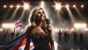 Realistic HD image of a radiant British TV and radio presenter in a thrilling new role, lit up by stage lights. Can she shine like a notable international singer-songwriter, displaying her talents across the industry?