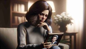 Realistic high-definition image depicting a generic, grieving celebrity woman sitting alone. Her eyes are filled with sadness, reflecting the immense pain of an unexpected loss. She's caressing a picture frame that holds a photo of her late husband, encapsulating the deep emotional bond they shared. The atmosphere around her is somber and the room is dimly lit, making the situation feel even more poignant.