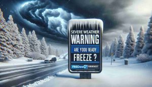 A realistic high-definition image displaying a severe weather warning. The message of the warning is 'Are You Ready for the Freeze?' The image might depict a harsh winter scene with heavy snowfall, ice covered roads, and trees laden with snow, coupled with an imposing sky filled with dark, stormy clouds. Near foreground of this scene, there is a bold, prominently placed text reading: 'Severe Weather Warning: Are You Ready for the Freeze?'. The text is designed to grab attention and emphasize the gravity of the anticipated weather conditions.