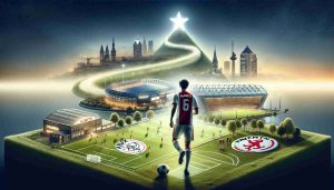 Create a high-definition, photorealistic image that visualizes the journey of a rising star soccer player moving from the team of Ajax to Twente. Illustrate the geographical transition from one club to the other with symbolic elements, such as a soccer field representing Ajax gradually morphing into the imagery of the Twente home ground. In the background, show a metaphorical rising star to symbolize the athlete's ascent in their career.