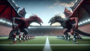 High-definition, realistic image of an impending sporting showdown. The teams, symbolized as mythical creatures, are preparing for a crucial battle: one represented by scarlet hues and the other resembling ferocious dragons. Both teams stand face to face on an extensive sports field, the excitement in the air palpable, symbolizing the intensity of the forthcoming clash. Spectators in the stands are blurred out, with the focus firmly on the two oppositions ready for this pivotal standoff. The weather is neutral and visibility is perfect, setting the stage for a potentially unforgettable game.