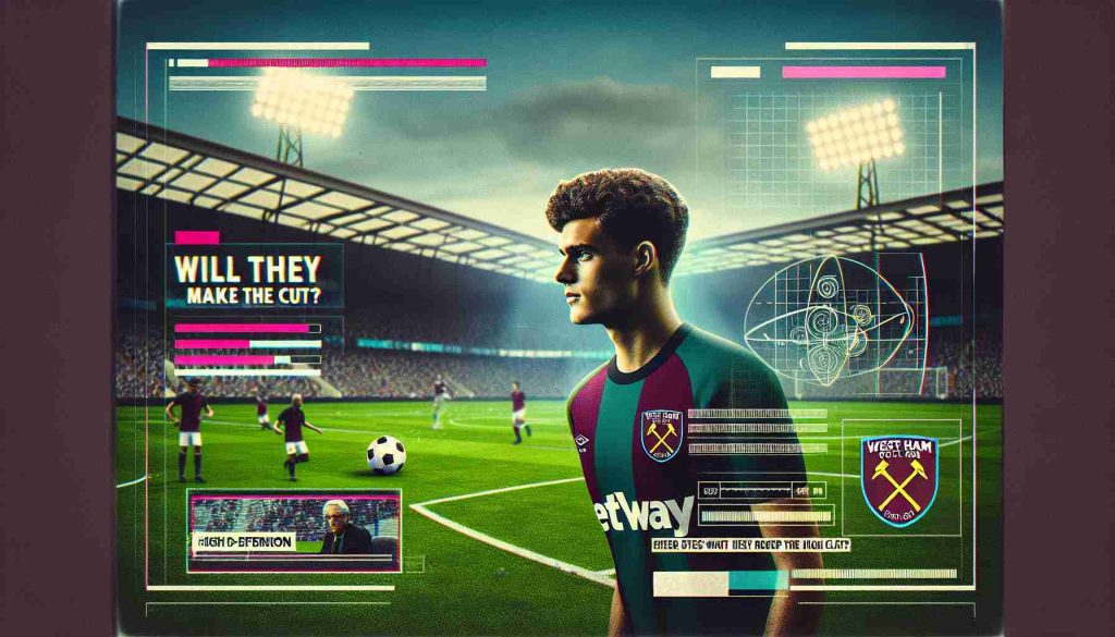 High-definition image representing a scenario where West Ham, a football club, shows interest in a promising young midfielder. The image should depict an ambiguous player with a soccer ball at his feet, looking determined and focused on an unseen goal. Television-style tickers and graphic overlays convey the high stakes, with phrases such as 'Will They Make the Cut?' floating around the scene. The setting should be a large, well-maintained football field, showing signs of recent action. The atmosphere should express tension and anticipation.