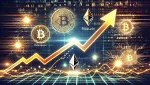 Illustration of a graph showing the increasing trend of cryptocurrency prices in high definition. The graph has upward pointing arrows, indicating a surge. Surrounding the graph are some symbols of popular cryptocurrencies like Bitcoin, Ethereum and Litecoin. The background shimmers with an abstract concept of digital transformation, visualizing electrified lines and numbers in motion that symbolize data transfer and high-speed connection.