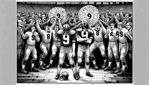 An intricate newspaper-style illustration, depicting a dramatic scene in the NFL. On the left, there should be a disappointed player wearing a football suit but without a team logo or jersey number. His body posture and face should communicate he's been left out of something. On the right, players from a different team (also no logos or numbers visible to avoid copyrights) celebrate as though they just got selected into a prestigious event. They display 9 diverse characters to denote their superior numbers. In the backdrop, a crowd expressing shock would add to the drama.