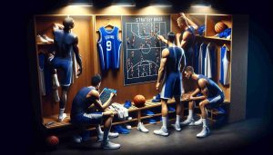 HD photo showing the realistic concept of a basketball team coping with the loss of their key player. Show the team members in a locker filling a strategy board, seeming undeterred and motivated despite the absence of an injured star player's jersey hanging on the locker.