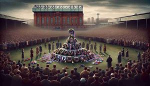 A realistic high-definition photo depicting a poignant scene of remembering the Ibrox Disaster, a tragic day in football history. A solemn moment with a memorial in the forefront, adorned with wreathes and scarves in football team colors, set against the faded backdrop of the Ibrox Stadium. People of varying descents and genders gather at a respectful distance, some holding small candles or team flags. The sky is overcast, symbolizing the weight of the tragedy, with the date visible as 'January 2' on a calendar or digital display.