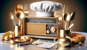 Realistic high-definition image that represents the headline: 'Exciting News for Radio Fans! A prominent culinary expert takes over Gold Radio!'. Imagine the scene symbolizing the exciting news, probably some vintage radio equipment alongside various cooking utensils, indicating the chef's takeover. Also consider using gold color tones to represent 'Gold Radio' and possibly include some sort of a news headline or banner in the image.