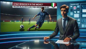 A realistic, high definition photo of a soccer transfer alert scene. The news headline says, 'Star Winger on the Move? Major Italian Club Eyeing Unknown Talent.' Inside the newsroom, the news anchor, a Caucasian male, is speaking into the microphone. In the background, there are images of a soccer field with an unidentified star winger player skillfully handleling the ball. The team's logo, a generic one with no specific affiliations, is prominently displayed.