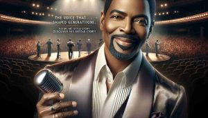 A highly detailed and realistic image of a confident and talented male singer who has the power to shape generations with his voice, standing on a stage. He is a middle-aged African American man with a mesmerizing smile, dressed in an elegant satin suit, microphone in hand. The background suggests the grandeur of a packed concert arena. Overlaying text reads: 'The Voice That Shaped Generations. Discover His Untold Story!'