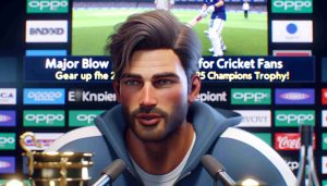 A realistic, high definition photo of an athletic male cricketer speaking in a press conference setting. His expression shows a sense of concern which signifies a major event concerning the sport of cricket. There are headlines on the screen in the background reading, 'Major Blow for Cricket Fans! Gear Up for the 2025 Champions Trophy!'