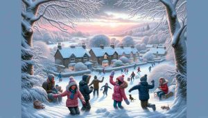 A detailed image capturing the beauty and chill of winter as a cold snap transforms the UK into a snowy panorama. Visually, imagine fluffy snowflakes falling over charming, snow-covered houses in the tranquil countryside. In the foreground, children of diverse ethnic backgrounds, including Caucasian, Hispanic, Black, and South Asian are bundled up in warm clothing, gear and mittens joyously playing in the snow, which is accumulating on the leafless trees as well. The sky is adorned with rosy hues of dawn, signalling the start of a new frozen day.