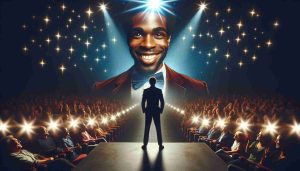 Create an image of a general atmosphere of excitement and anticipation, focusing on a theater stage where a male actor of African descent is about to take his role. No particular actor should be depicted, but emphasis should be placed on the vibrant energy and eager audience waiting for the show to begin. The image should also symbolize a rising star in the theater industry, with the spotlight shining on the stage and preparing to introduce this promising talent.