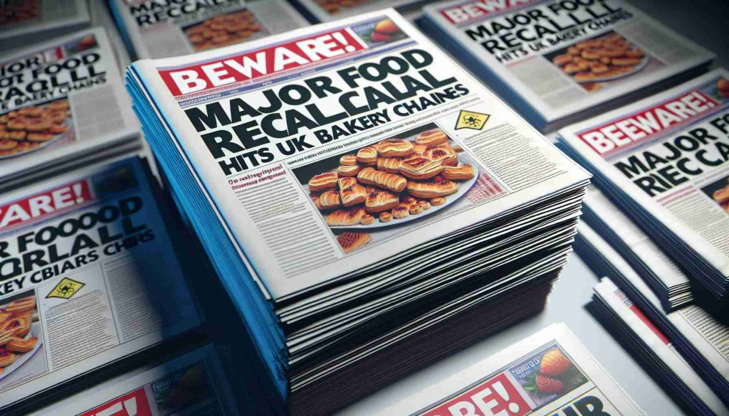 A highly detailed, realistic image showing a stack of newspapers or news websites, from different angles, with headlines reading 'Beware! Major Food Recall Hits UK Bakery Chains'. The newsprint or digital articles should display relevant information and photographs associated with a food recall event, such as pictures of the recalled food item, hazard symbols and perhaps a map of the UK showing affected bakery chains. The color and lighting should emphasize urgency and seriousness.