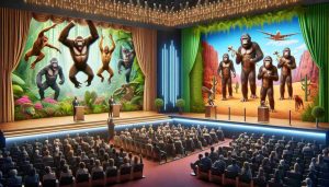 Create a realistic, high-definition image representing an awards show with a wild jungle theme filled with lifelike apes. Also, depict a desert-themed display symbolizing a competing theatrical production. Please ensure the awards ceremony is bustling with anticipation and excitement for the shows.