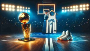 A realistic high-definition image representing, in a symbolic way, exciting and major changes coming for the next season of professional basketball. The image could show an empty court at dusk with an illuminated pair of basketball shoes and a jersey, implying new players; or perhaps a newly designed championship trophy on the court background, implying rule changes or different aims for the teams. The intent should represent uncertain but thrilling future events in the basketball world.