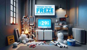 High resolution image portraying the concept of preparing for a freezing weekend to protect the pipes in your house. The scene includes insulated pipes in a home setup, with weather protection materials around. It may also feature a weather forecast on a digital screen, indicating low temperatures for the upcoming weekend. The message 'Prepare for the Freeze! Protect Your Pipes This Weekend!' is also clearly visible in the scene.