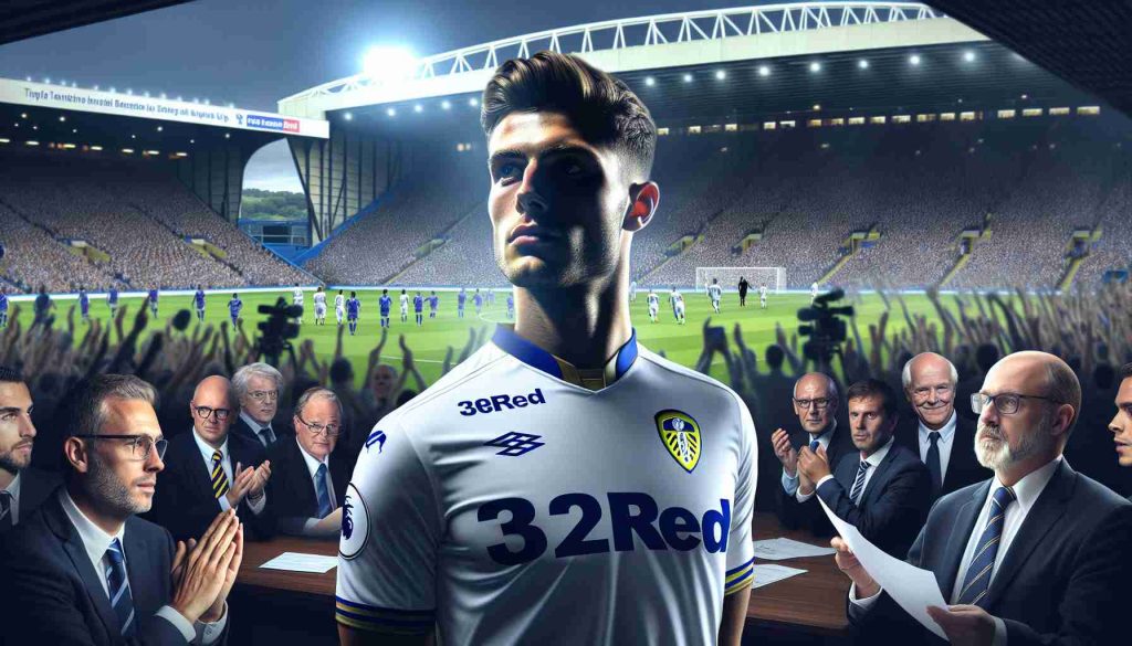 A realistic, high-definition image depicting the transfer window speculation heating up. The scene is set against a backdrop of Leeds football stadium, filled with the anticipation and excitement. A prominent footballer, bearing no resemblance to any specific player, is in focus. They could possibly be a new addition to the team. Many fans, members of the press and analysts are seen in the background, bringing a lively yet tense atmosphere to the scene.