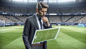 High-definition, realistic image of a middle-aged Caucasian soccer manager facing an unexpected setback with a concerned expression. He stands on the field, dressed in professional attire, studying a play diagram in his hands. Will he be able to find a solution and bounce back?