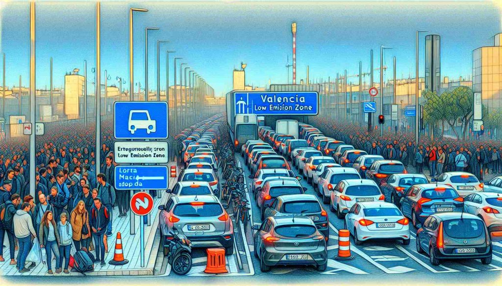 Generate a high-definition, realistic image of Valencia's controversial low emission zone. It should show the pertinent signs indicating the area's special regulations. Surrounding it, depict a scene of long delays: cars thoroughly lined up when trying to enter the zone, pedestrian activities, and people showing signs of frustration. Also, subtly hint at the zone's weak measures: perhaps some cars within the zone that clearly shouldn't be there or a poorly maintained monitoring station.