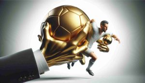 A realistic, high-definition representation of a metaphorical situation where a soccer team snatches a valuable player, represented by a golden football, from under the noses of their competition. The representation should demonstrate the intense competition and rivalry between soccer teams.