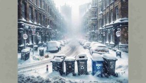 High-definition, realistic photo depicting an intense snow storm bringing chaos to a city reminiscent of Leeds, UK. The thick snow cover makes transportation difficult, with distinct features like roads and public places barely visible. In the foreground, a group of recycling bins, not yet emptied, stand as a testament to the interruption of normal services - delayed waste collections due to the inclement weather. The city's traditionally brownstone buildings streaked with white snow provide an atmospheric backdrop. The image captures the struggle of urban life under severe winter conditions.