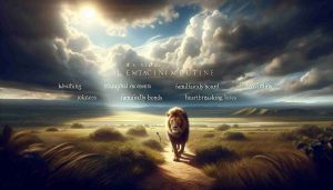 Realistic HD image of a story about a regal lion's journey that is emotive and potentially tear-jerking. The setting is in a vast savannah, under a bright, cloud-dappled sky. The journey includes triumphant moments, familial bonds, and heartbreaking losses, encapsulating an all-encompassing emotional experience.