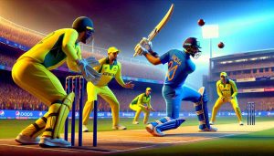 Generate a realistic high-definition image depicting a tense cricket match scene, with two teams in action. Have the team in vibrant blues, symbolizing India, be in a crucial situation, defending their run total against the team in canary yellow representing Australia. Show the players' intense focus on the game, the batsman trying to hit the ball, fielders positioned strategically, and the crowd in the backdrop, filled with suspense and anticipation.