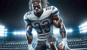 A high-definition, realistic illustration of a muscular football player in a professional uniform, similar to a running back position. He is displaying an intense expression to embody record-breaking ambition. The scene reflects style and athleticism. The football player is African American, having dreadlocks and stands against a stadium background with floodlights creating a dramatic effect.