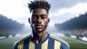 Realistic HD photo of an up-and-coming sensation in European football. He's an African descent player with an athletic build, known for his tenacity and skill on the pitch. His uniform is the colours of his current team, and he carries a look of confidence and focus, indicative of his rising status in the football world.