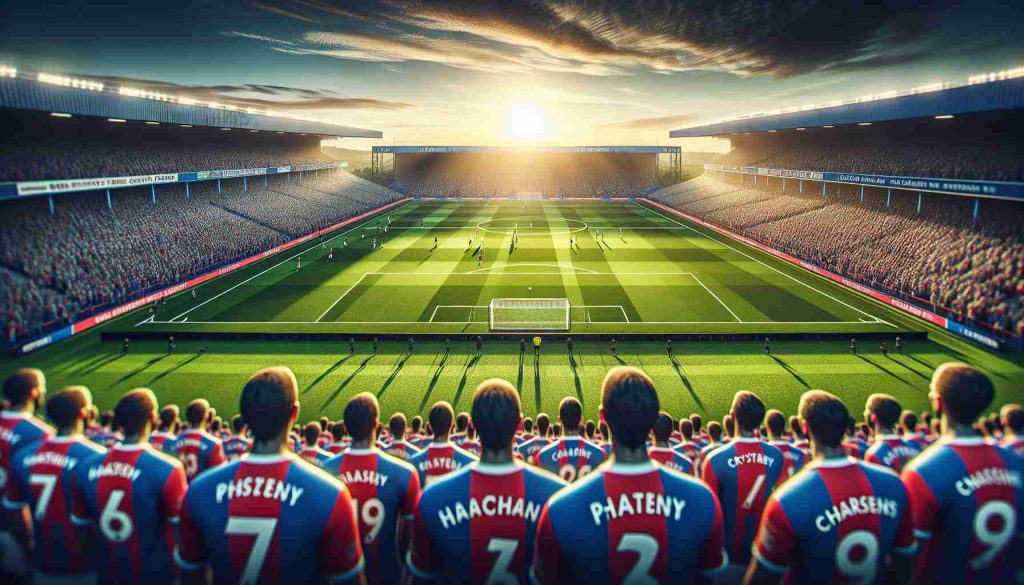 A high definition realistic photo of the soccer field at the Crystal Palace. The field is flawlessly manicured, the lines are drawn perfectly and the stands overflow with eager, hopeful fans. The sun is setting casting a beautiful glow over the panorama, embodying a sense of anticipation for the thrilling match-up awaiting. Jerseys of both teams flutter in the slight breeze, but the emphasis is on the Crystal Palace's team, all set to challenge their mid-table reputation. The atmosphere is electric; it paints a vivid story of a sports underdog with the potential to rise above expectations.