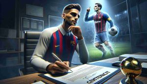 Realistic HD photo of a male soccer player's contract extension, highlighting his pursuit of greatness. The question arises - Can he surpass the performance of a legendary figure in soccer history?