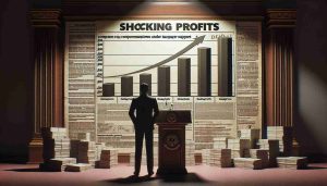 A realistic, high-definition image showing a graph with large profit margin labelled 'Shocking Profits' with a backdrop of governmental documents. Beside it, a silhouette of a governmental figure is standing, and prominently in the foreground, there is a company sign that appears to be under intense scrutiny, as if under fire. This scene is suggestive of the controversy involving companies under taxpayer support.